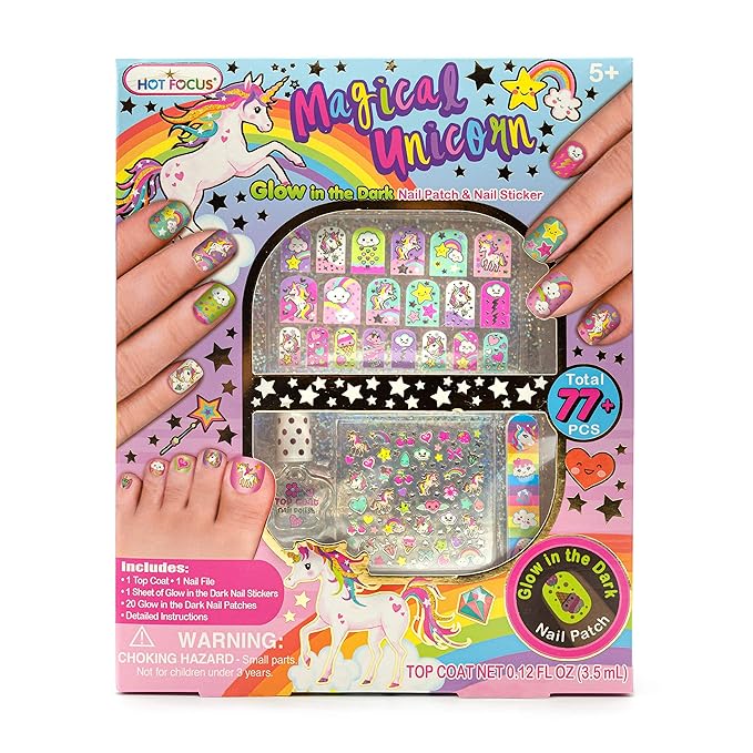 Hot Focus Unicorn Nail Kit – Kids Nail Polish Set for Girls Ages 5 6 7-12 with 77+ Pieces, Spa Kit, Nail Art Decoration Set, Glow-in-the-dark, Stickers, and Water-Based Polish - Girls' Nail Kit.