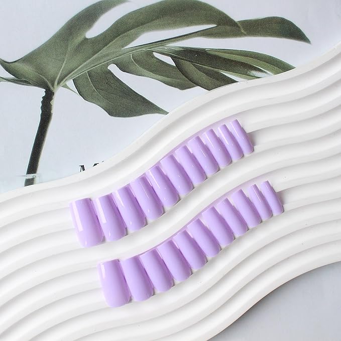 KQueenest Light Purple Press on Nails Long Medium Square, Lilac Fake Nails Medium Coffin, Glossy Sheer Color Acrylic Nails Press ons, Reusable Soft Gel Glue on Nails for Women Daily Wear