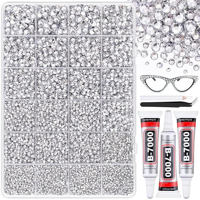 32000Pcs Resin Silver Clear Rhinestones with B7000 Jewelry Glue for Bedazzling Crafting, 2-6mm Flatback Gems, Bedazzler Kit for Crafts Clothing Tumblers Shoes Decor Nail Art