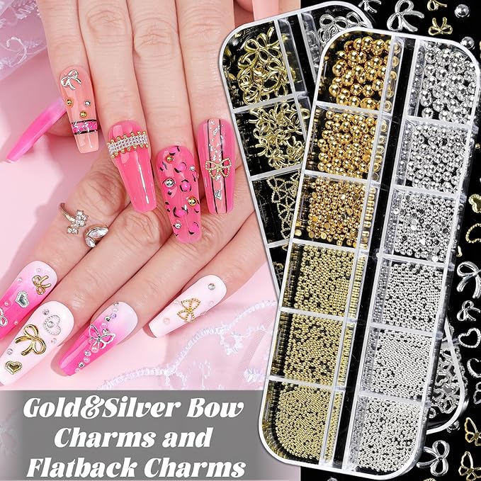 Nail Charms and Gems, Charms for Nails Design Kit with 10 Boxes 3D Nail Charms Colorful Clear Flat Back Rhinestones and Nail Pearls,Diamonds,Picker Tools, Nail Rhinestones and Charms for Nail Art