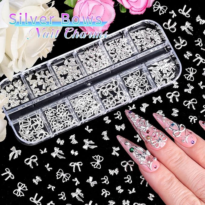5 Boxes Gold & Silver Metal Nail 3D Punk Studs Star Cross Bow Gems and Small Caviar Beads Pearls Rhinestones Nail Art Jewels with Tweezers and Nail Brush and a Wax Pen Picker(9-Gold & Silver Studs)