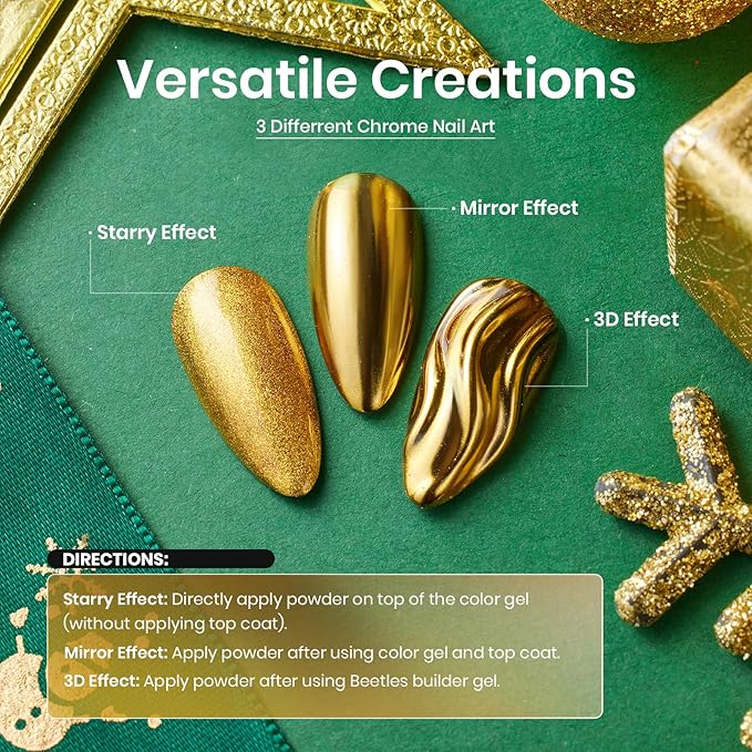 Beetles Chrome Nail Powder 8 Colors Mirror Effect Gold Silver Holographic Aurora Iridescent Pearl Manicure Nail Art Decoration Glitter Crome Nail Powder for Nails 1g/Jar Gift for Women