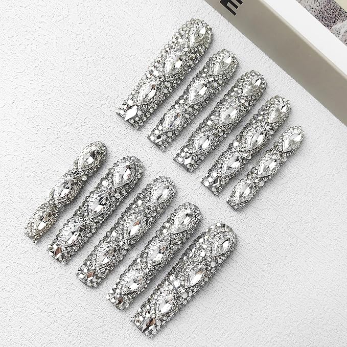 2025 Pure Shine 3D Crystal Nails – Handmade Long PMMA Press-Ons with Box (Full Diamond, Long)