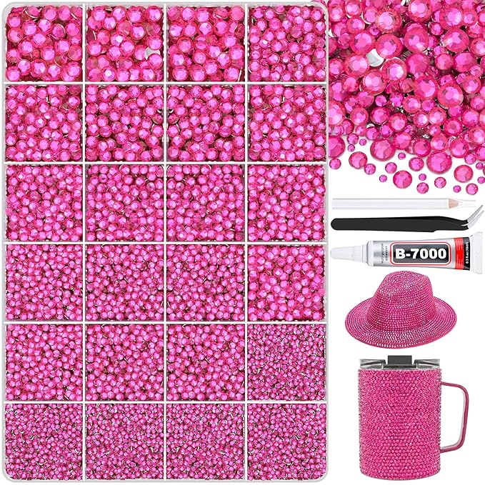 25000Pcs Hot Pink Rhinestones for Bedazzling with B7000 Jewelry Glue, Non Hotfix Flatback Gems, Crystal Resin Rhinestones for Crafting Crafts Clothing Tumblers Mugs Shoes Fabric Decor Nail Art