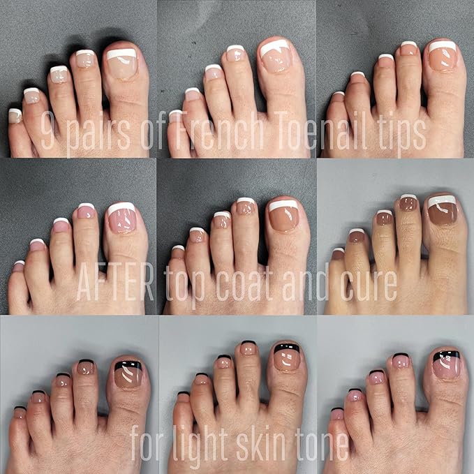 NOVO OVO Toe Nail French Tip Press on Combo, Mixed 9 Color Soft Gel Acrylic Fake toenail Extension kit, Medium Pre-applied Tip Primer & Base Coat, Full Cover Matte False Nils DIY x 15 Sizes 270 Pcs