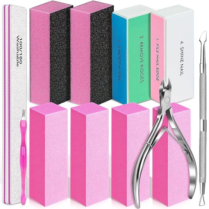 TsMADDTs Nail Files and Buffers, 13 pcs Nail Kit with 3-Way Sanding Block, 4-Way Buffing Block, 100/180 Files, Cuticle Nippers & Cuticle Pusher