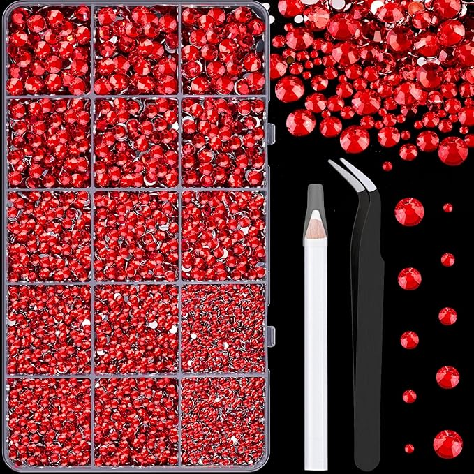 16000Pcs Resin Rhinestones with Tweezers for Crafting, Red 2-6mm Mixed Sizes Flatback Gems, Bedazzling Crystal for DIY Crafts Clothing Tumblers Mugs Shoes Fabric Nail Art