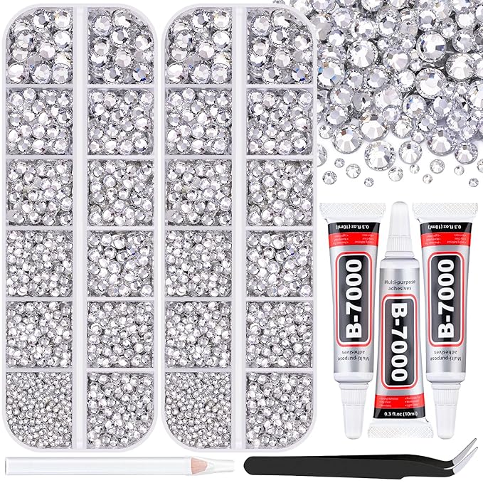 12000Pcs Resin Rhinestones for Bedazzling with 3Pcs B7000 Jewelry Glue, 2 Boxes Clear Flatback Rhinestones for Crafting Crafts DIY, Crystals Gems for Clothing Shoes Tumblers Nail Art Makeup