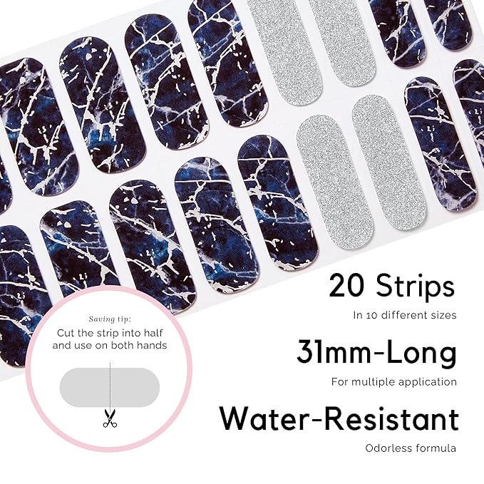 NAILOG Semi Cured Gel Nail Strips (20 Extra Long Polish Stickers/Wraps) │ Glossy & Long Lasting Soft Gel Finishing (Stormy Night)