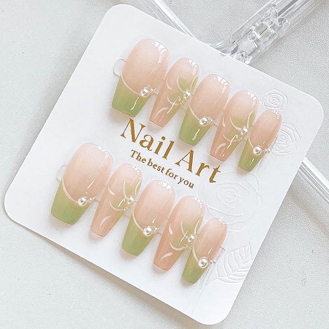 Long Ballerina Press On Nails, Pearl-Decorated Pink and Green French Tips, Handmade False Nail 10 Pieces (Medium,LB)
