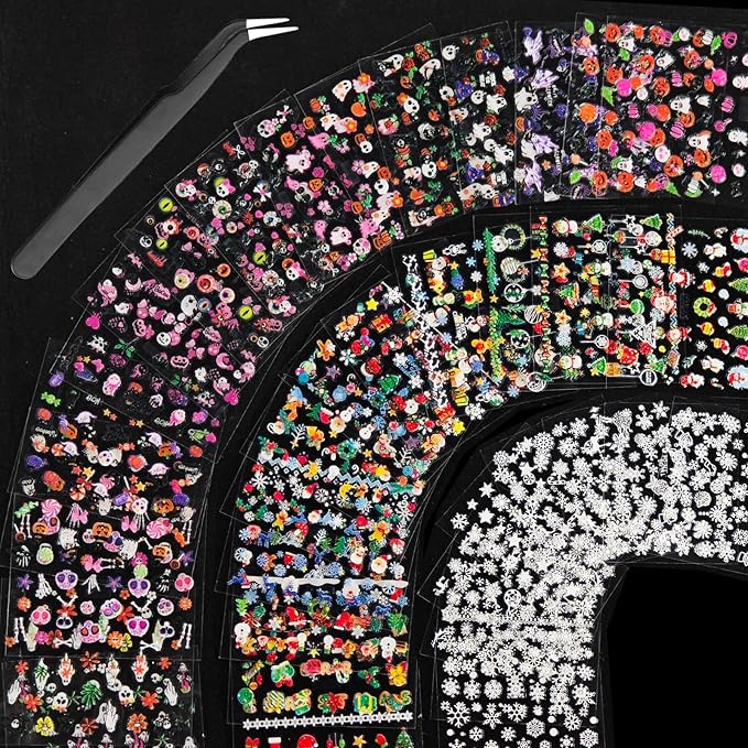 90 Sheets Nail Stickers for Nail Art, Halloween Nail Art Stickers 3D Self-Adhesive Christmas Nail Decals for Nails Design, Snowflake Nail Decoration Holiday Nail Accessories for Women Girls
