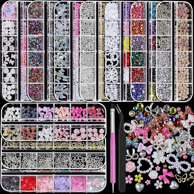 Nail Charms and Gems, Charms for Nails Design Kit with 10 Boxes 3D Nail Charms Colorful Clear Flat Back Rhinestones and Nail Pearls,Diamonds,Picker Tools, Nail Rhinestones and Charms for Nail Art