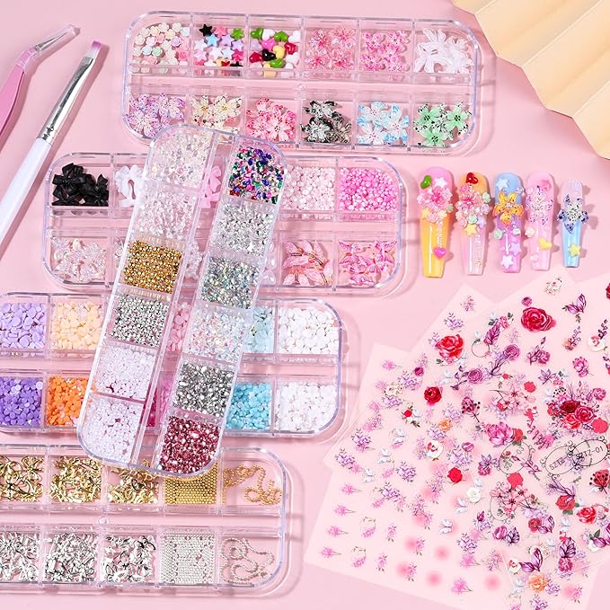 5 Boxes Gold & Silver Metal Nail 3D Punk Studs Flower Petals Heart Bows Star Pearls Rhinestones Nail Charms Nail Art Jewels with Tweezers and Nail Brush and Wax Pen Picker (10-multishapes charms)