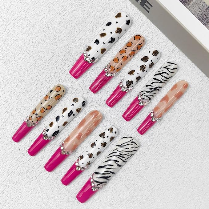 2025 100% Handmade Nails Long and Reusable PMMA Acrylic Press on Nails With Rhinestone Zebra French Design Reusable Full Coverage Fake Nails Handmade Nails Ladies Fake Nail Set (Zebra, M)