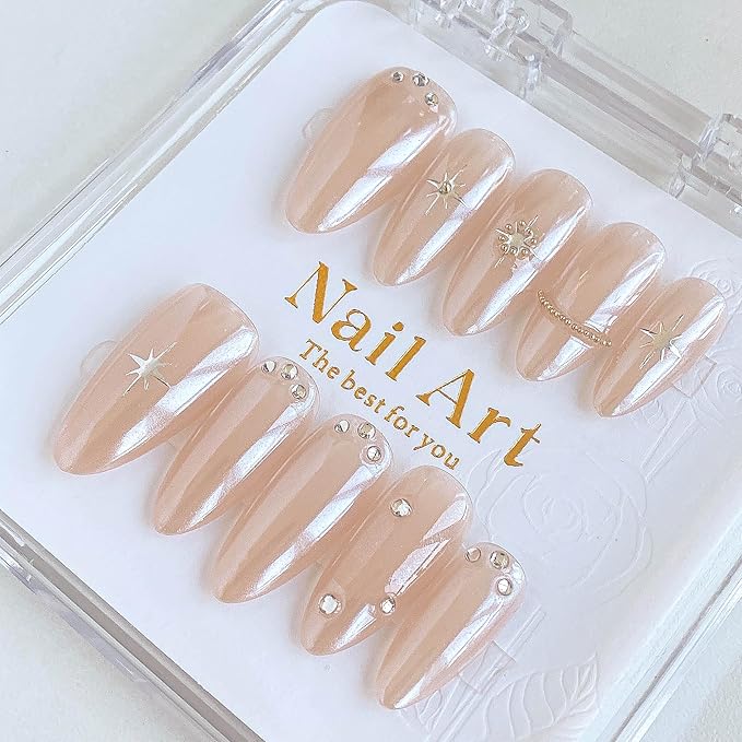 Almond Press-On Nails, Nude with Crystal Rhinestones and Star Design, Handmade False Nail 10 Pieces (Large, Almond)