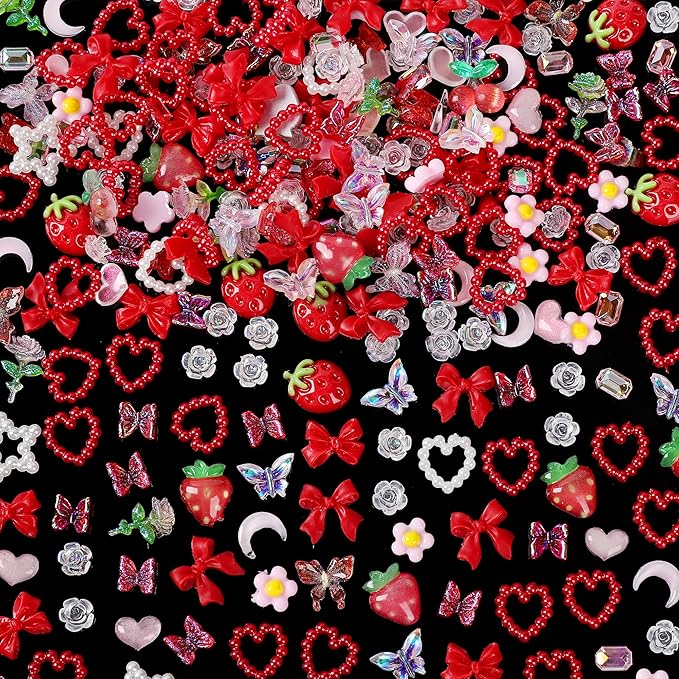 120 Pieces 3D Resin Strawberries, Butterfly Flower Nail Charms, Rose Flower Peach Bow Cherry Rhinestones, Heart Pearls for DIY Nail Art Decoration Making Craft (Red)