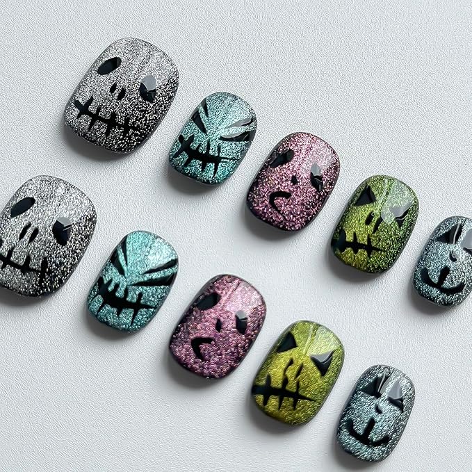Halloween Press on Nails Short Square Handmade Nails 3D Unique Reusable ABS Material Fake Nails Cute False Nails with Designs Glitter Sparkly Glossy Glue on Nail Thick Acrylic Nail(S)