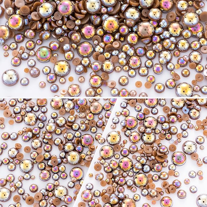 60g Light Coffee AB Flatback Half Round Pearls Mixed Size 3-10mm Resin Craft Beads for Nail Art, Face Gems, DIY Jewelry Making