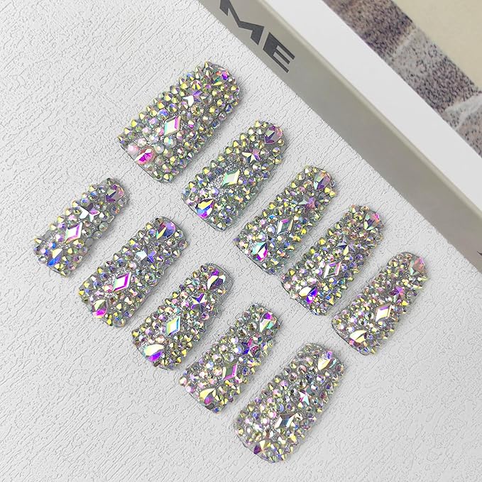 2025 Full Diamond Duck Nails Medium Square Reusable PMMA Acrylic Nails Handmade Full Coverage Deluxe 3D Crystal Fake Nail (With Box) Gift for Women (rhinestone, L)