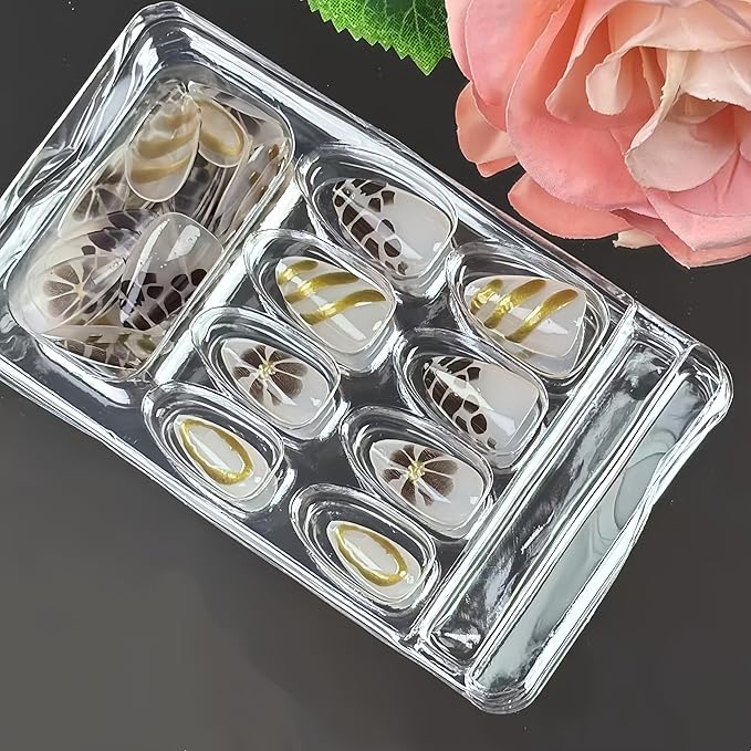 24Pcs Brown Flower Press on Nails Leopard Fake Nails Medium Almond False Nails with Gold Design Brown Flower Acrylic Nails Irregular Stick on Nail Artificial Full Cover False Nail for Women