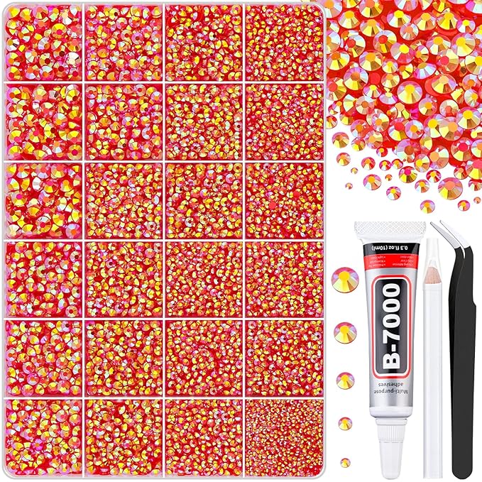 30000Pcs Red AB Rhinestones for Bedazzling with B7000 Jewelry Glue, Bedazzler Kit Flatback Gems, Resin Rhinestones for Crafting Crafts Clothing Shoes Fabric Nail Art Assorted Size 2/3/4/5/6mm