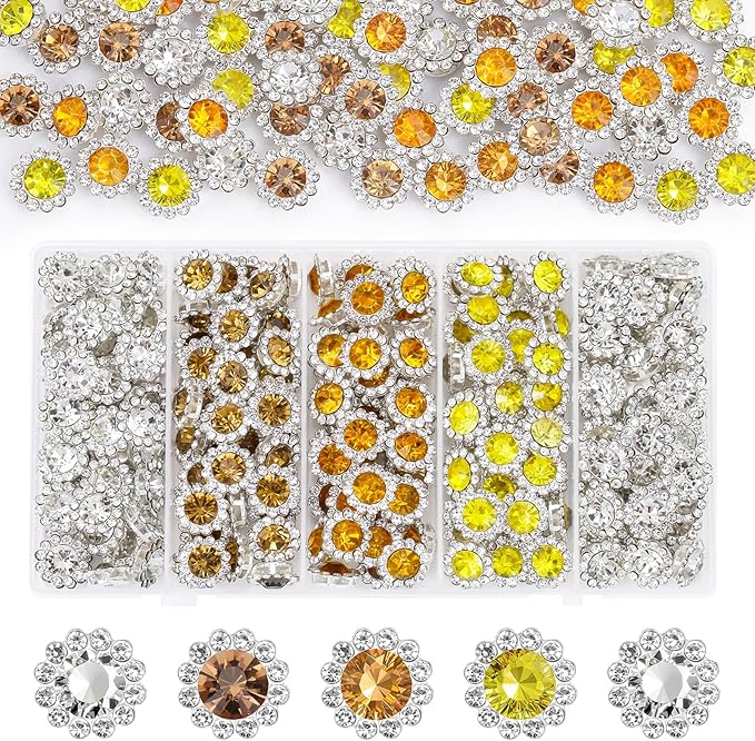 200 Pcs 12MM Sew on Rhinestones Mixed Colors Crystal Glass Metal Base Flower Shape, Flatback Rhinestones for Crafting, Sewing Accessories for Clothes and Shoes (Yellow)