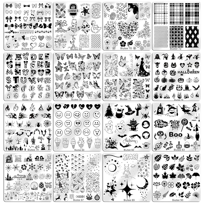 Biutee Nail Stamping Plates Set 16PCS Nail Stamper Kit with Nail Stamper, Scraper & Storage Bag Nail Art Stamping Plates Butterfly Star Flower Leaf Bowknot Design Nail Stamping Kit