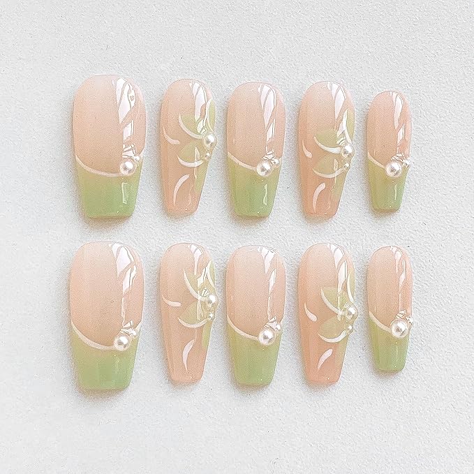 Long Ballerina Press On Nails, Pearl-Decorated Pink and Green French Tips, Handmade False Nail 10 Pieces (Small,LB)