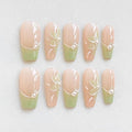 Long Ballerina Press On Nails, Pearl-Decorated Pink and Green French Tips, Handmade False Nail 10 Pieces (Large,LB)