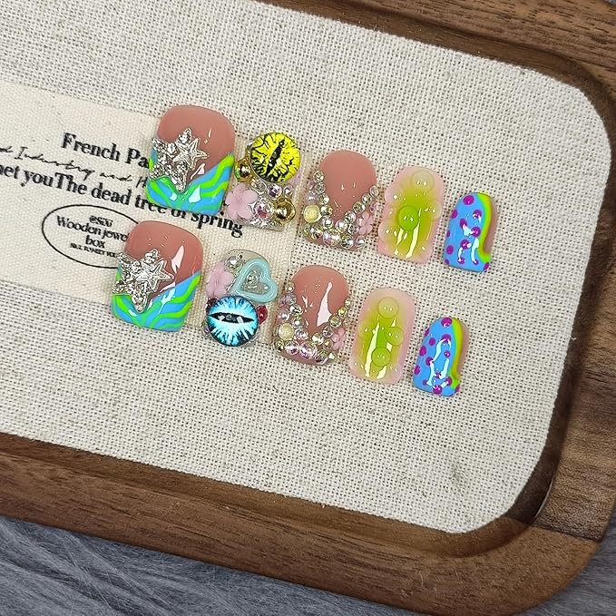 V-Shape French Tips Square Nails,Acrylic Press on Nails with 10pcs Kit,Sweet Edgy Y2K Hand-Painted Art False Nails,Neon Yellow-Green Fake Nails with 3D Stars, Hearts, Rhinestones Flowers(L)
