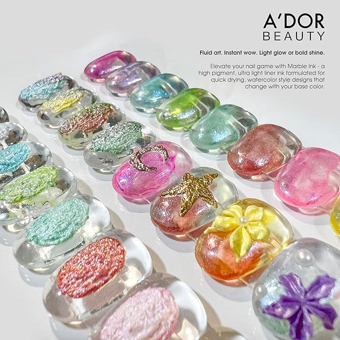 A'DOR BEAUTY Marble Ink for Nails Set - 12 Watercolors & 5 Metallic Shades, Blooming Gel Magic Nail Polish, Nail Art Supplies for Marbling, Veining & Abstract Nail Design - Marble-03