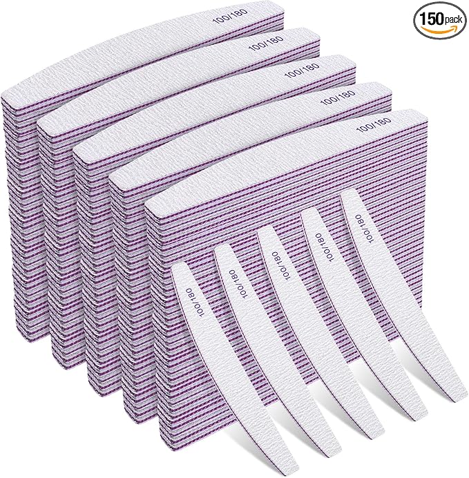 150 Pcs 100/180 Grit Nail Files Bulk, Professional Nail Files 100/180 Grit, Double Sided Emery Boards Reusable Manicure Tools for Acrylic Natural Nails, Home or Salon Use