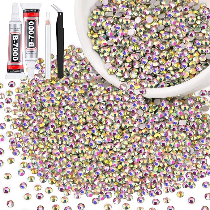 5000PCS SS10/2.8mm Crystal Rhinestones (Crystal AB) with 2Pcs 10ml B7000 Jewelry Glue, Bedazzling Flatback Glass Rhinestones for Crafting, Gems Diomand Charms for Tumbler Shoes Clothing Mugs Nail Art