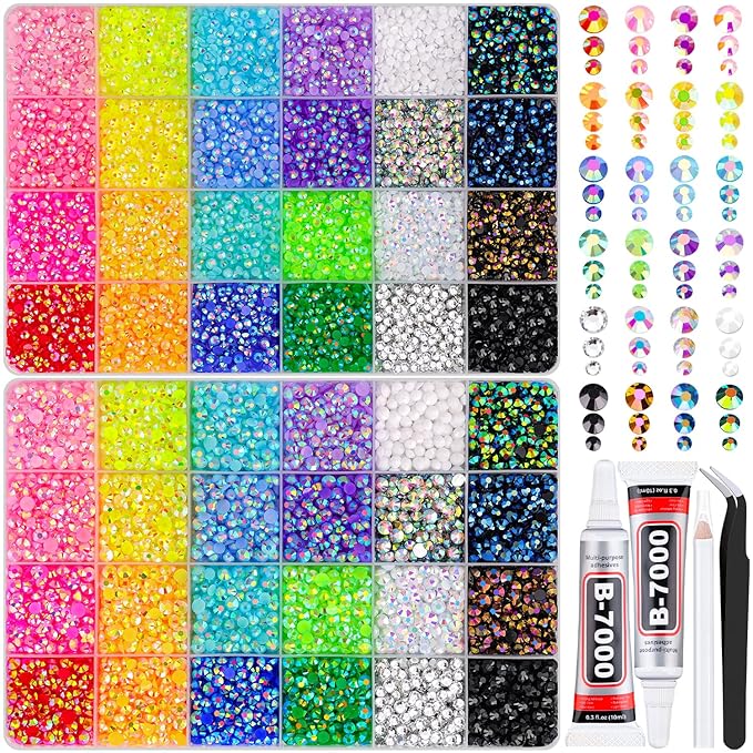 2 Boxes 3+4/5mm Jelly Rhinestones for Bedazzling, 22000Pcs Multicolor Flatback Resin Gems for Crafting, Bedazzler Kit with 2Pcs 10ml B7000 Jewelry Glue for DIY Crafts Book Fabric Decor Nail Art