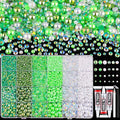 14000PCS Flatback Pearls and Green Rhinestones for Bedazzling, Green 3-10mm Resin Rhinestones and Half Pearls for Crafting, Nail Art Crafts Decor with 3pcs B7000 Jewelry Glue
