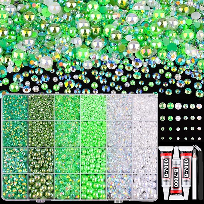 14000PCS Flatback Pearls and Green Rhinestones for Bedazzling, Green 3-10mm Resin Rhinestones and Half Pearls for Crafting, Nail Art Crafts Decor with 3pcs B7000 Jewelry Glue