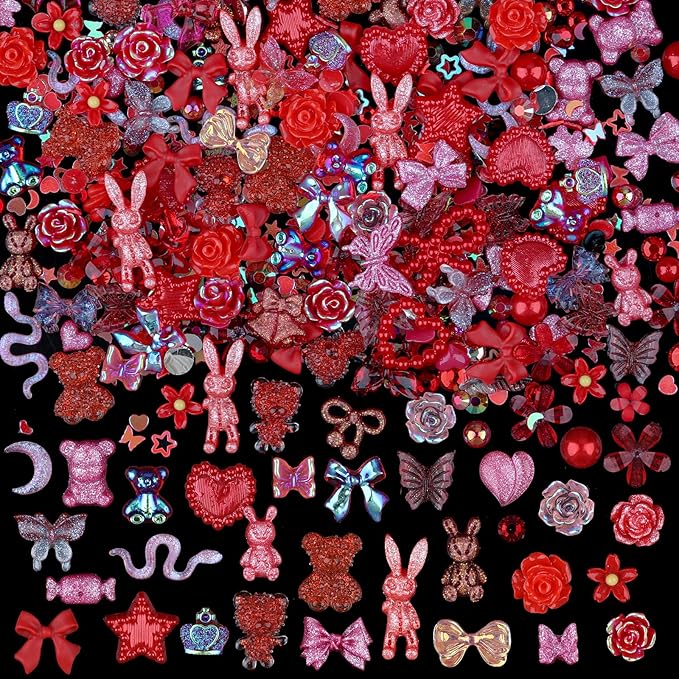 100 Pieces 3D Resin Butterfly Bear Nail Charms Rose Flower Peach Skirt Bow Deer Snake Rabbit Animal Shaped Nail Art Rhinestones Pearls for DIY Nail Art Decoration Making Craft (Red)