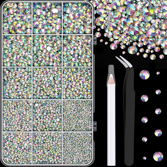 16000Pcs Resin Rhinestones with Tweezers for Crafting, AB 2-6mm Mixed Sizes Non Hotfix Flatback Gems, Bedazzling Crystal for DIY Crafts Clothing Tumblers Mugs Shoes Fabric Decor Nail Art