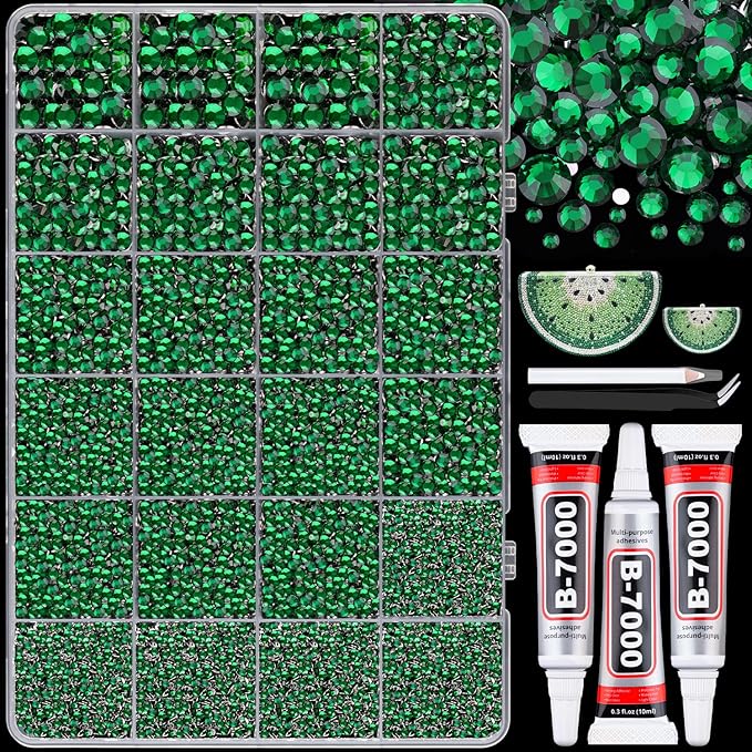 25000Pcs Resin Rhinestones with B7000 Jewelry Glue for Crafting, Dark Green 2-6mm Non Hotfix Flatback Gems, Bedazzling Crystal for DIY Crafts Clothing Tumblers Mugs Shoes Fabric Decor Nail Art