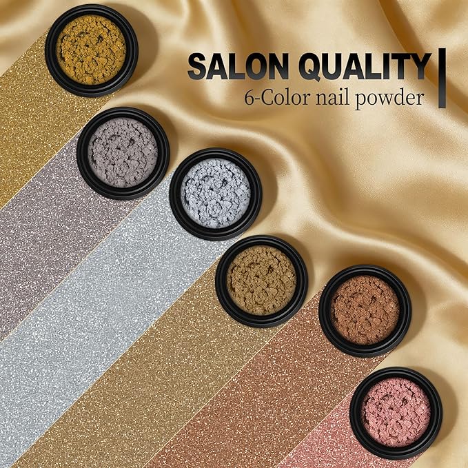 Artdone Chrome Nail Powder 6PCS Metallic Mirror Glitter Effect Rose Gold Silver Pigment kit for Nail Art Supplies Design Decoration Accessories Stuff for Gel Nail Polish