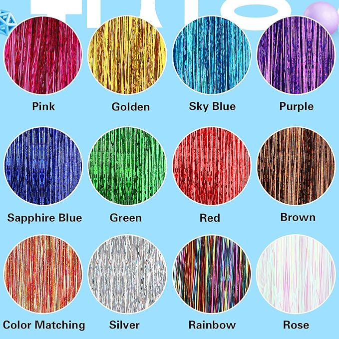 FEBSNOW 47 Inches Tinsel Hair Extension with Tool 2400 Strands 12 Mixed Colors Hair Extension Tinsel Kit Glitter Rainbow Hair Extensions for Christmas New Year Wedding Birthday Party Accessories