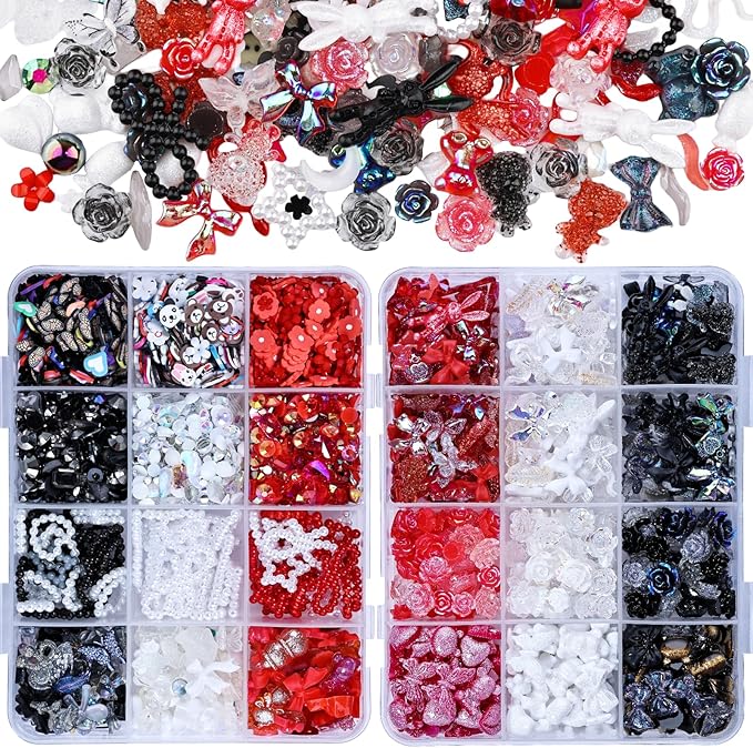 2050 Pieces 3D Butterfly Rose Flower Bow Rabbit Bear Nail Charms Kit with Nail Art Rhinestones Pearls Crystal Gems Nail Slices for Manicure DIY Crafts Jewelry Accessories (Black White Red)