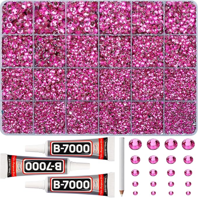 31000Pcs Fuchsia Resin Rhinestones for Bedazzling, Mixed Sizes 2-6mm Dark Pink Magenta Flatback Rhinestones Gems Jewels Crystals with B7000 Glue for Crafts Crafting Clothes