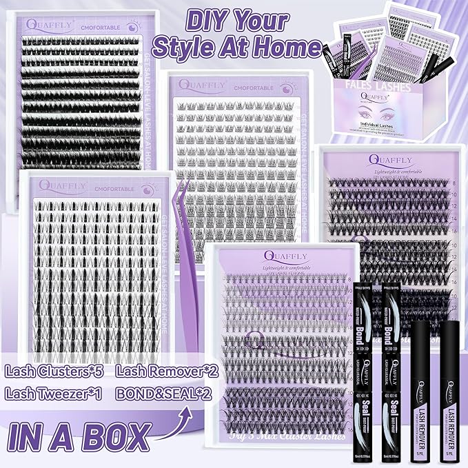 Lash Clusters Kit Multiple Styles Mixed Length Eyelash Set Includes 2 Lash Bond and Seal & 2 Lash Remover 1 Tweezers For DIY Lash Extensions Kit At Home