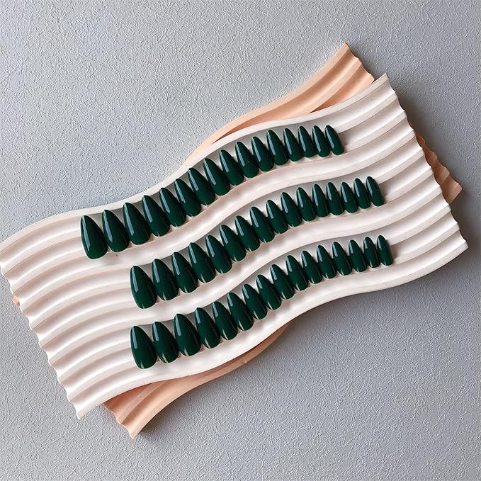 Dark Green Press on Nails Almond Shaped 48Pcs Neutral Thick Fake Nails for Women, Medium Almond Nails Press on Reusable Acrylic Nails Glue on Medium Length Stiletto False Nails Gel Artificial Nails