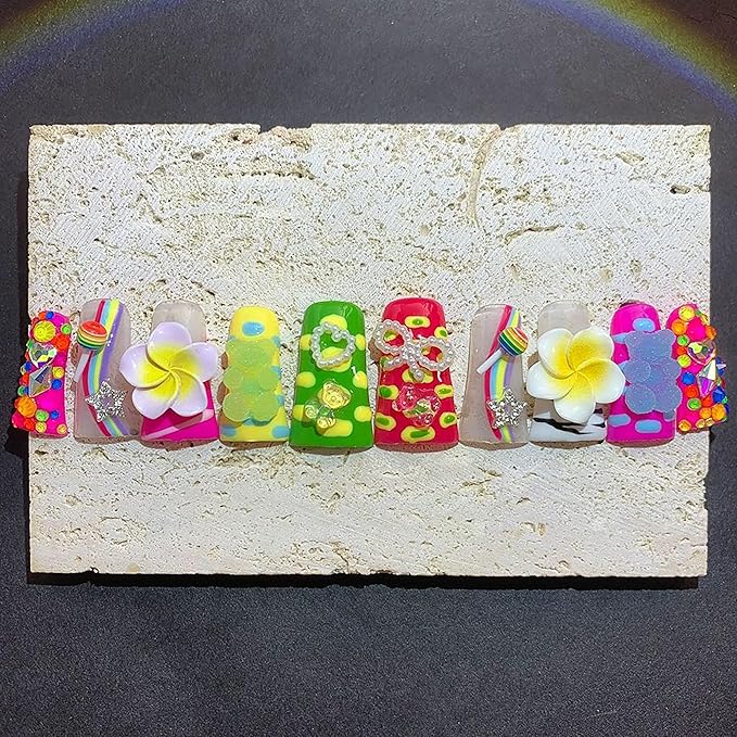 10Pcs Press on Nails Long Handmade Duck Fake Nails 3D Charms Flower False Nails with Glue Colorful Twinkle Candy Artificial Acrylic Reusable Stick on Nails for Women (Size M)