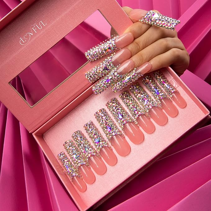 LOVFUL Press on Nails Angel's Tear | Handmade with Full Covered Crystals | Reusable Fake Nails | Square | H48-S, pink