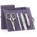GERMANIKURE 4pc Mini Professional Manicure Set in Purple Suede Case - FINOX Stainless Steel Tools Made in Solingen Germany, Glass Nail Care Supplies Made in Czech Republic