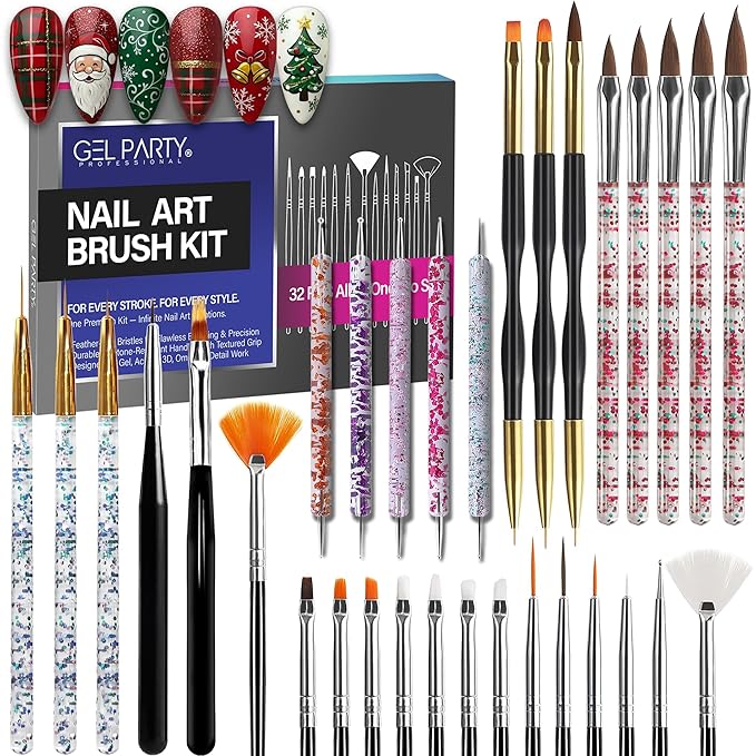 GELPARTY Nail Art Brush Kit – 32 PCS Professional Nail Brushes for Acrylic, Gel, UV/LED, Ombre & 3D Design | All-in-One Manicure Tool Set for Salon & DIY