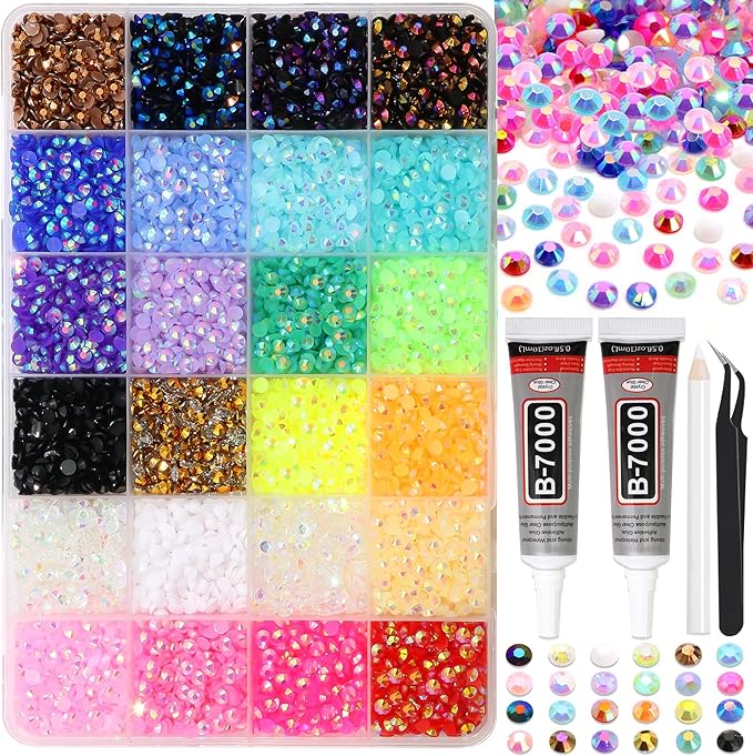 RODAKY 30000PCS Jelly Rhinestone 5mm Flatback Resin Gems AB Color Rhinestones for Bedazzling 2PCS 10ml B7000 Jewelry Glue Tweezers Pen Making Kit for Craft Clothing Shoes